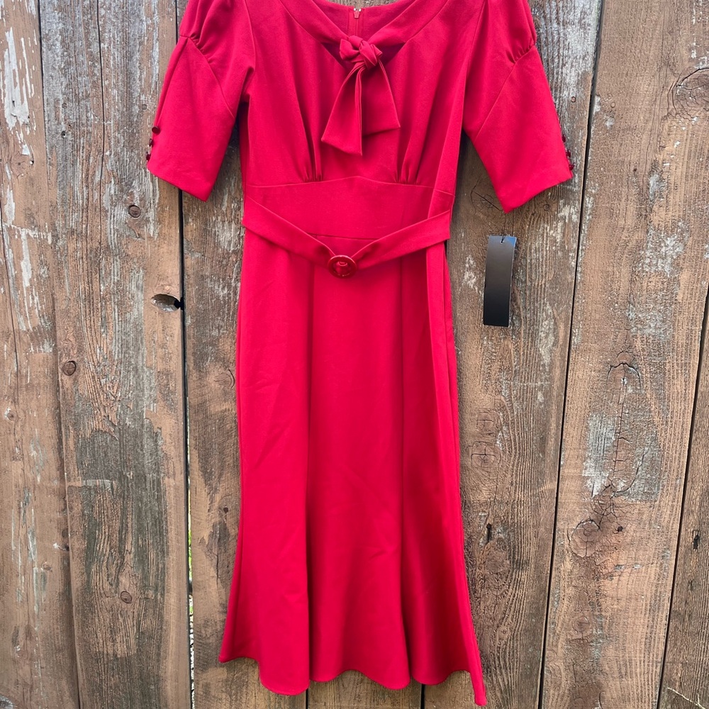 Stop Staring Red Midi Sundress with Puff Sleeves and Sweetheart Neckline